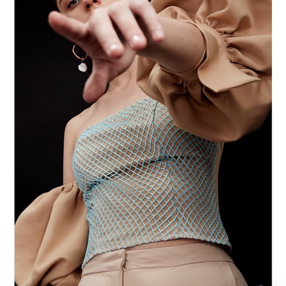 Simonett Tops - Simonett Beige and Blue Ruffle Top